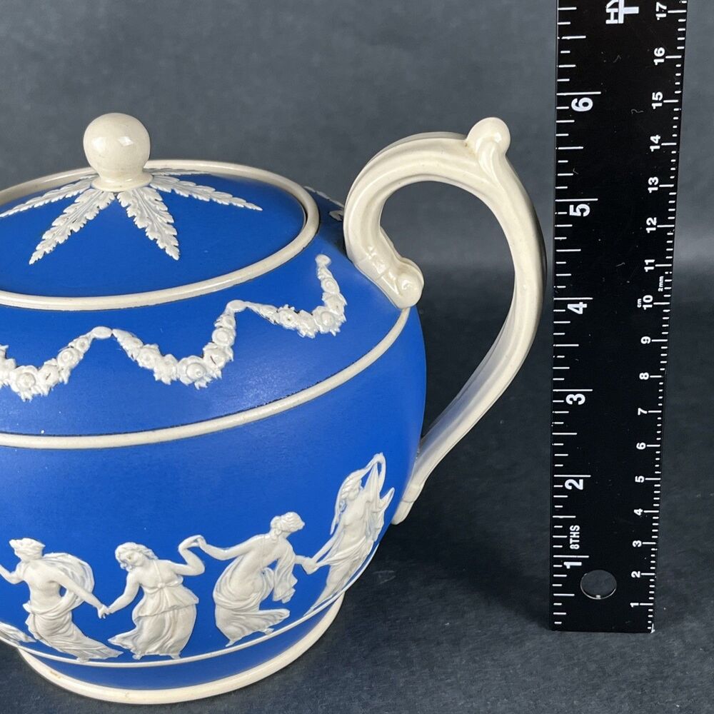 Rare Antique Copeland Spode Blue Jasperware Teapot "Dancing Hours" Neoclassical - Picture 15 of 16